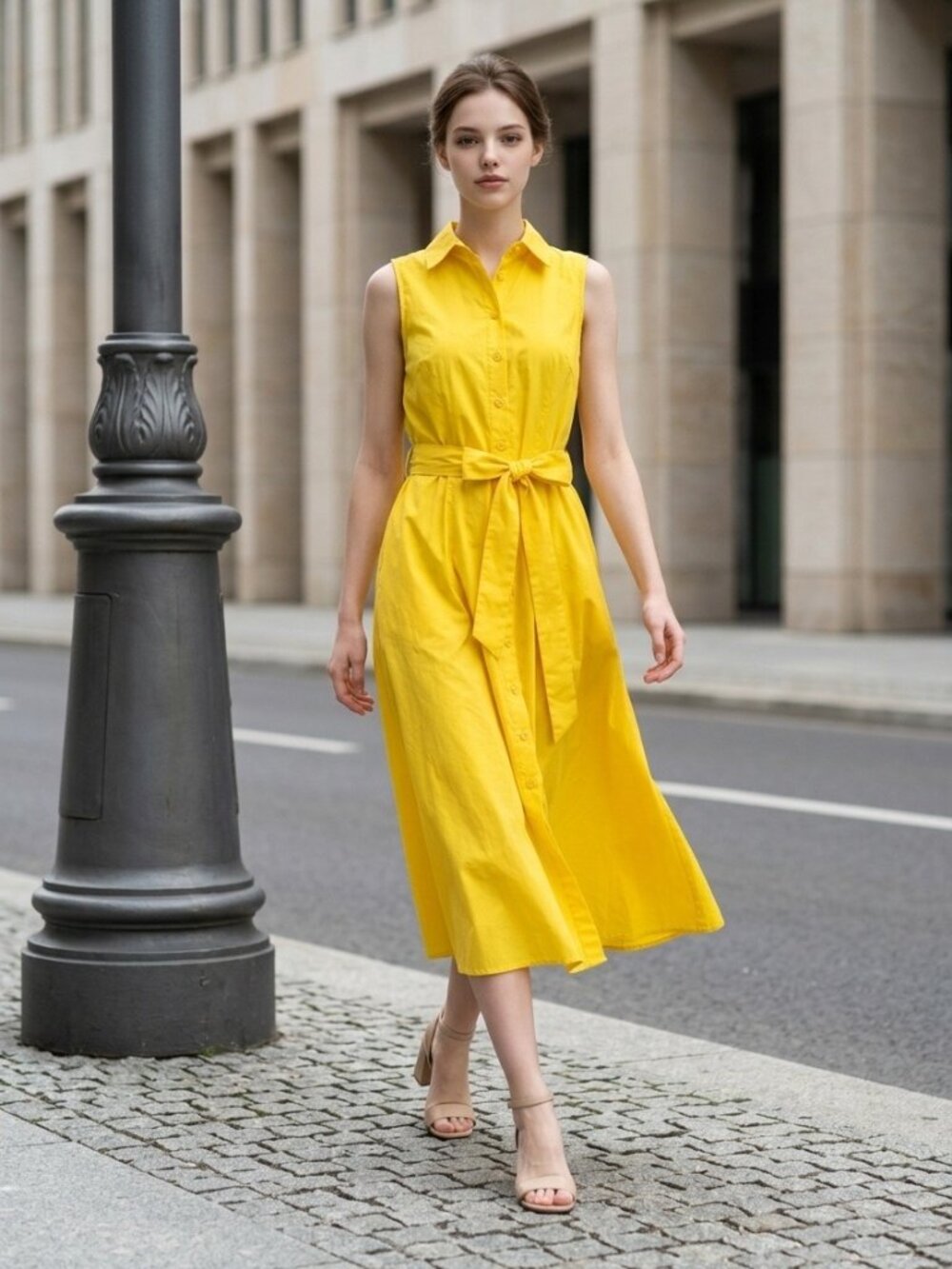 NWT Calvin Klein Yellow Sleeveless Cotton Shirt Midi Dress Belted Size 4